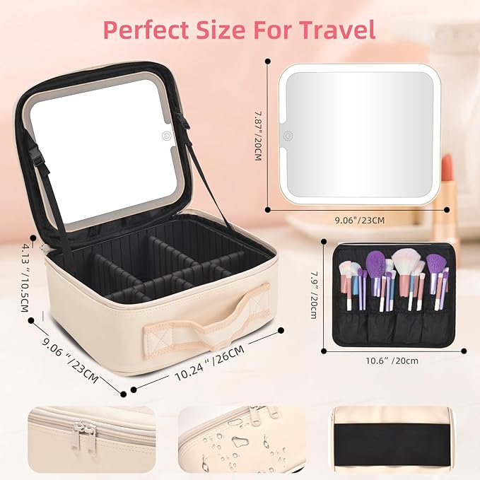 Yaliang Travel Makeup Bag, Portable Makeup Case with LED Mirror, Removable Mirror with 3 Color Modes, 8 Adjustable EVA Dividers for Brushes Toiletry Jewelry Digital Accessories, Off White