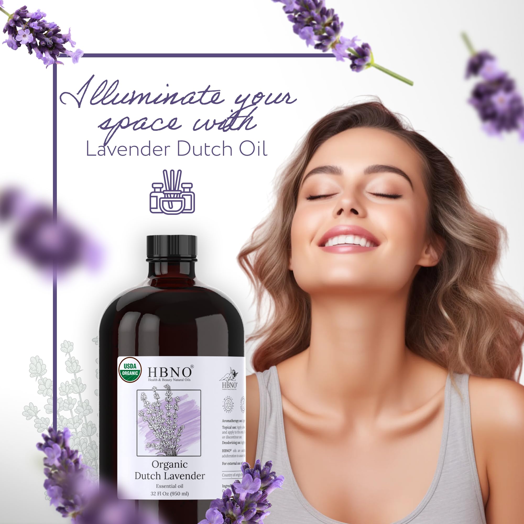 HBNO Organic Lavender Dutch Oil - 32 oz (950 ml) Large Size - Ideal for Shampoos, Conditioners, Mouth Washes, Face wash, Lotions, and Skin Care Products (Glass Bottle).