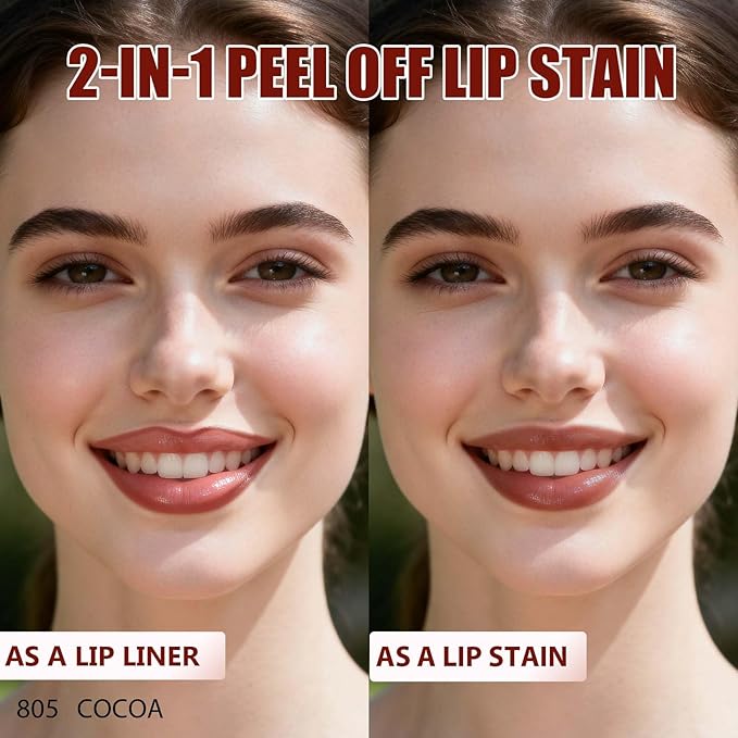 QCMME Lip Liner Stain Peel Off with Tweezer, Long Lasting Matte Lip Tattoo, Highly Pigmented Color Lip Makeup, Waterproof, Transfer-proof Lipstain for Women, COCOA