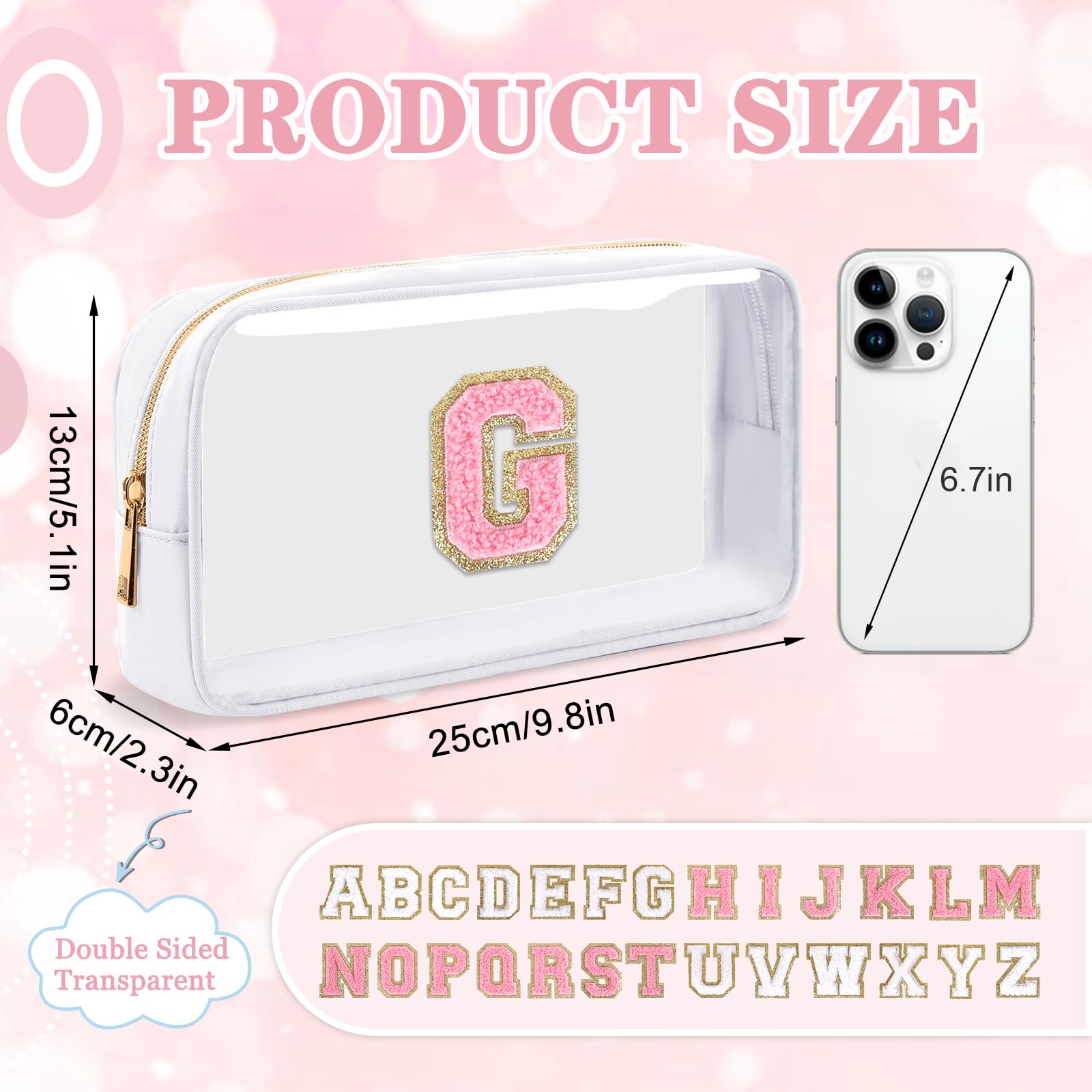 Small Clear Personalized Initial Makeup Bag,Nylon Preppy A-Z Chenille Letter Patch Cosmetic Pouch Beach Toiletry Bag,Waterproof Zipper Travel Purse Storage Bag Organizer for Women Girls(White-Pink G)