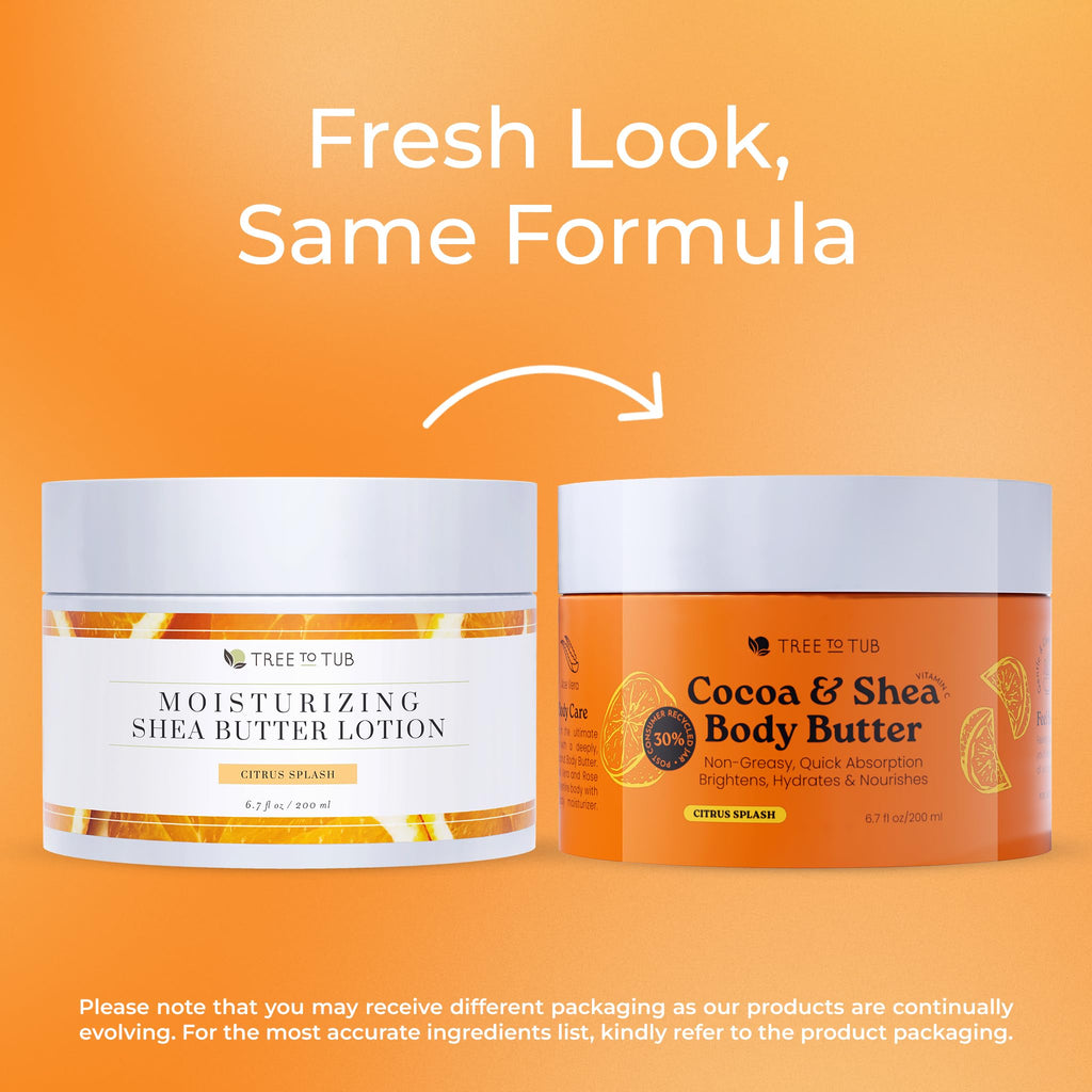 Tree To Tub Shea Body Butter for Dry, Extremely Dry, Sensitive Skin - Moisturizing Body Cream for Women & Men, Hydrating Body Lotion Moisturizer w/Vitamin C, Organic Cocoa, Citrus Scent