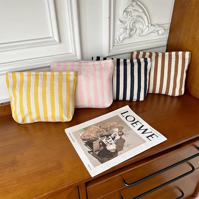 Flat Makeup Bag for Women,Zipper Cosmetic Pouch Purse,Stripe Black White