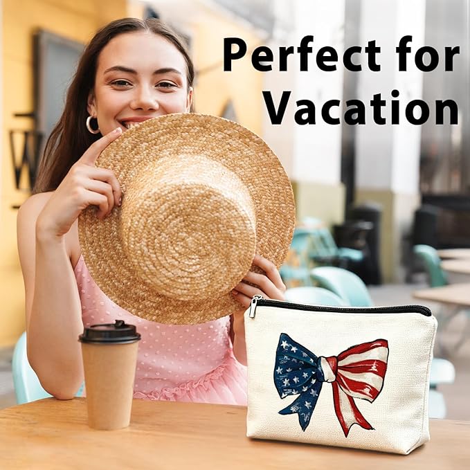 LIANGW Coquette American Flag Bow Makeup Bag, Gifts for Patriotic Women Cosmetic Bag, Preppy Red White and Blue Bow Small Toiletry Bags Zipper Makeup Pouch