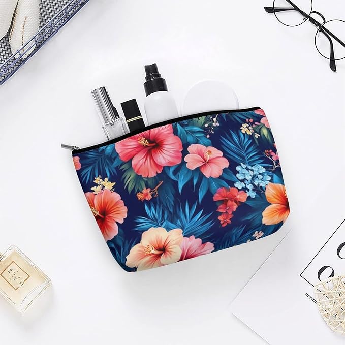 Meaudiwes Travel Cosmetic Bag, Large Makeup Case, Toiletry Bag, Personality Fashion Zipper Cosmetic Case Tropical Hawaiian Colorful Hibiscus Flowers
