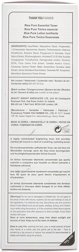 THANKYOU FARMER Rice Pure Essential Toner Korean Milk Toner with Rice Water & Niacinamide - Gentle Hydrating Toner for Brightening and Soothing Dry & Sensitive Skin, Vegan, 7.03 oz