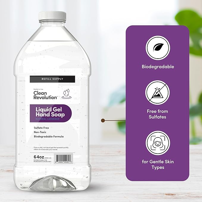 Clean Revolution Liquid Gel Hand Soap Refill with Real Essential Oils – Sulfate-Free Gel Hand Wash, Moisturizing Bulk Refill, Non-Toxic Formula, Made in the USA (Natural Lavender) 64 Fl Oz