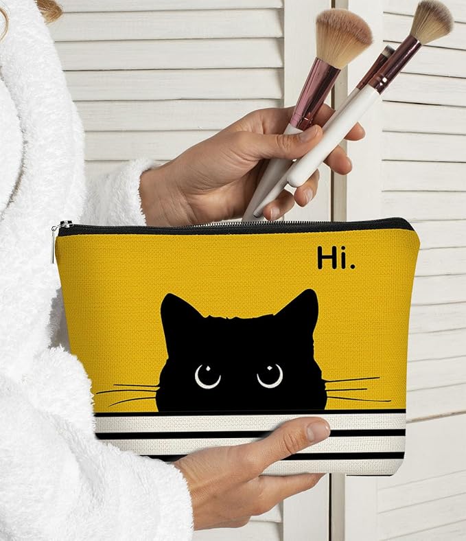 BARPERY Cat Makeup Bag - Small Cute Cosmetic Bag for Women & Teen Girls - Birthday & Cat Lady Gifts (Black, Yellow)