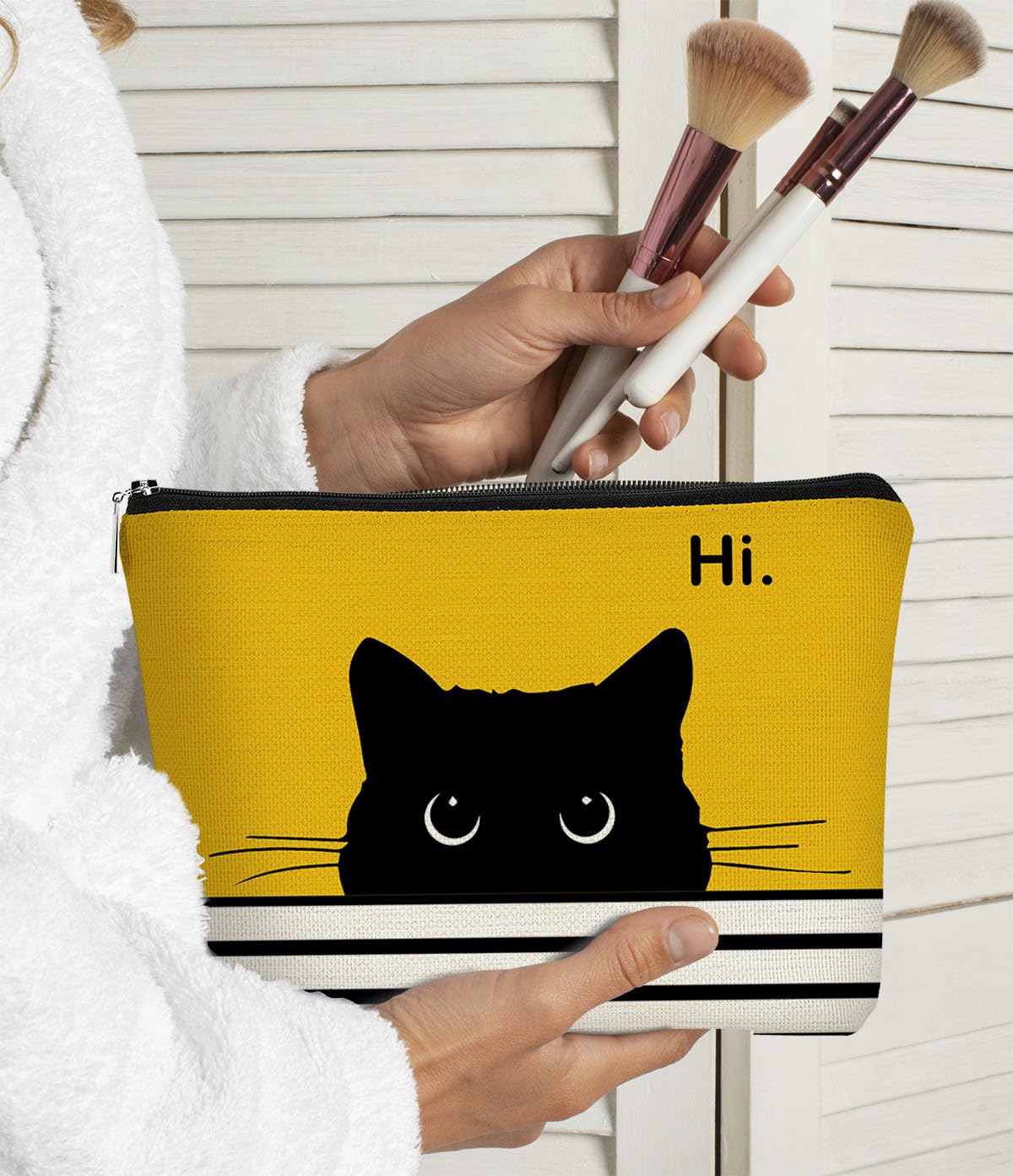 BARPERY Cat Makeup Bag - Small Cute Cosmetic Bag for Women & Teen Girls - Birthday & Cat Lady Gifts (Black, Yellow)