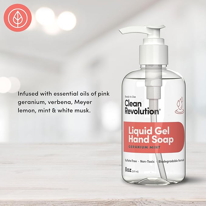 Clean Revolution Liquid Gel Hand Soap Refill with Real Essential Oils – Sulfate-Free Gel Hand Wash, Moisturizing Bulk Refill, Non-Toxic Formula, Made in the USA (Geranium Mint) 8 Fl Oz
