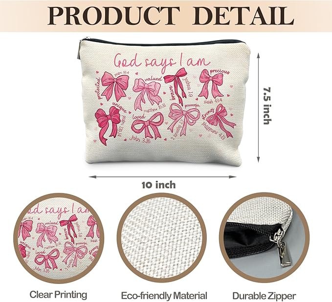 Likjad God Says I Am Pink Christian Makeup Bag, Coquette Pink Bow Preppy Cosmetic Bags for Women, Christian Gifts for Women, Faith Based Gifts, Coquette Preppy Bowknot Stuff Zipper Makeup Pouch