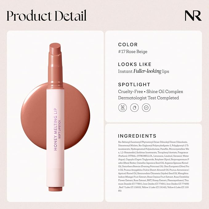 Nature Republic HONEY MELTING LIP (17 ROSE BEIGE) | SOFT LIP STICK, Hydrating Gloss, Moisturizing balms, Sheer tint, Shine & Nude, Glowy Finish, korean make up