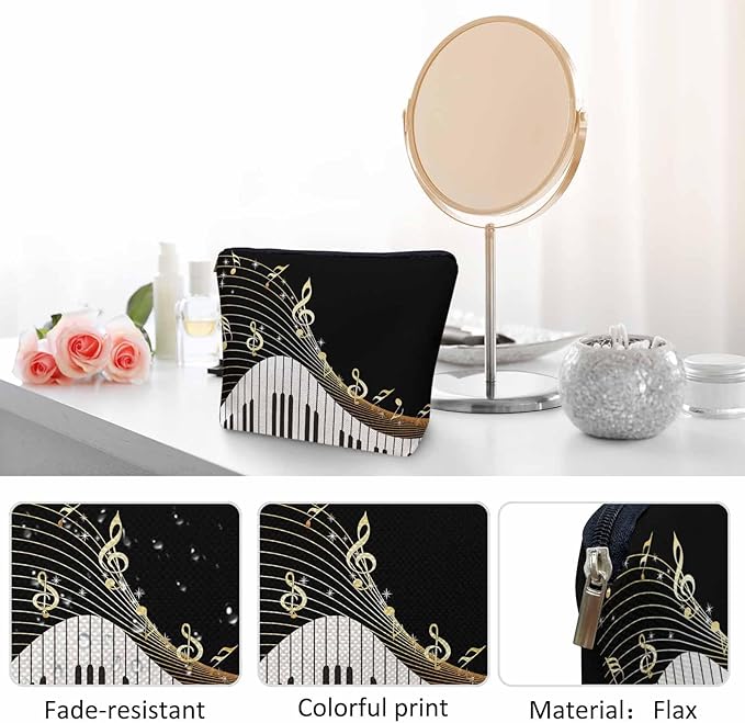 Kalygon Women Makeup Organizer Bag Piano Music Notes Instrument Piano Flax Cosmetic Bag Makeup Bags Toiletry Bag Accessories Organizer Travel Bags For Home Bathroom Office Hotel Gym Black Golden