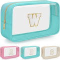 WELIDAY Personalized Initial Clear Makeup Bag, Travel Chenille Patch Cosmetic Bag, Preppy Toiletry Bag Monogram Cosmetic Pouch with Zipper, Ideal Gift for Teen Girls Women (Clear-Green, W)