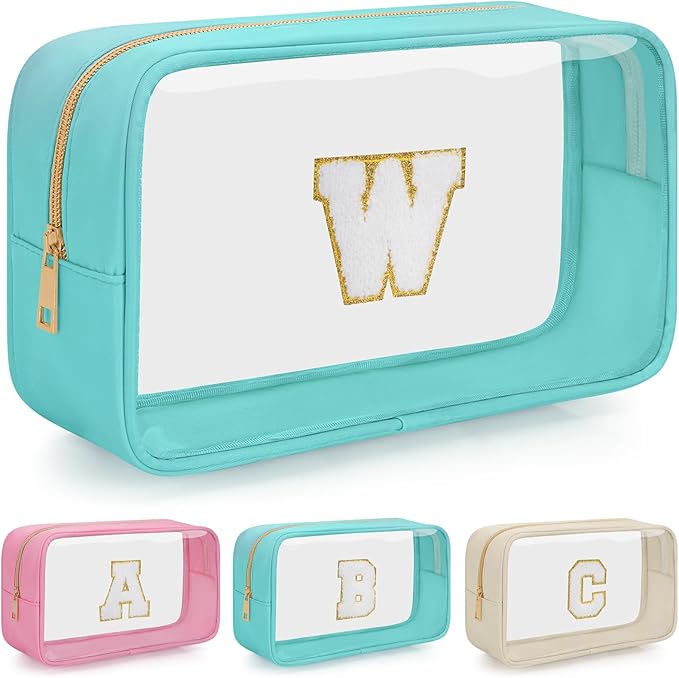 WELIDAY Personalized Initial Clear Makeup Bag, Travel Chenille Patch Cosmetic Bag, Preppy Toiletry Bag Monogram Cosmetic Pouch with Zipper, Ideal Gift for Teen Girls Women (Clear-Green, W)