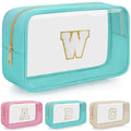 WELIDAY Personalized Initial Clear Makeup Bag, Travel Chenille Patch Cosmetic Bag, Preppy Toiletry Bag Monogram Cosmetic Pouch with Zipper, Ideal Gift for Teen Girls Women (Clear-Green, W)
