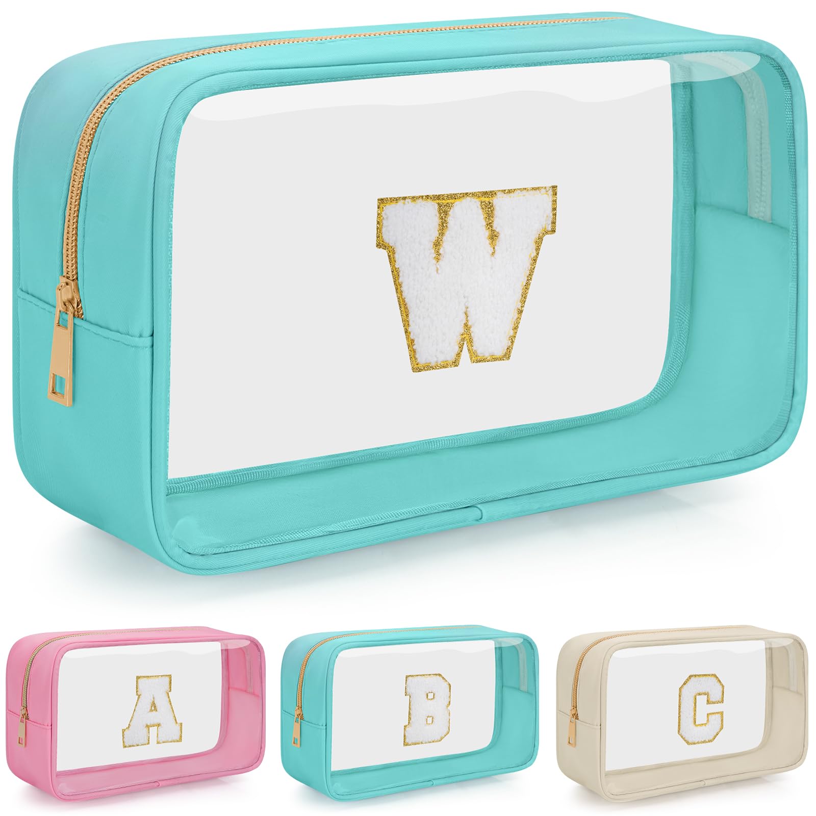 WELIDAY Personalized Initial Clear Makeup Bag, Travel Chenille Patch Cosmetic Bag, Preppy Toiletry Bag Monogram Cosmetic Pouch with Zipper, Ideal Gift for Teen Girls Women (Clear-Green, W)