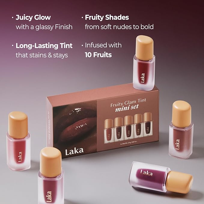 Laka Best Fruity Glam Tint Mini Set, 1.9g/0.07oz*5ea, Gift Set for Women, Hydrating & Glowy Finish, Lightweight & Comfortable, Buildable Color, Non-Sticky, Vegan, K-Beauty