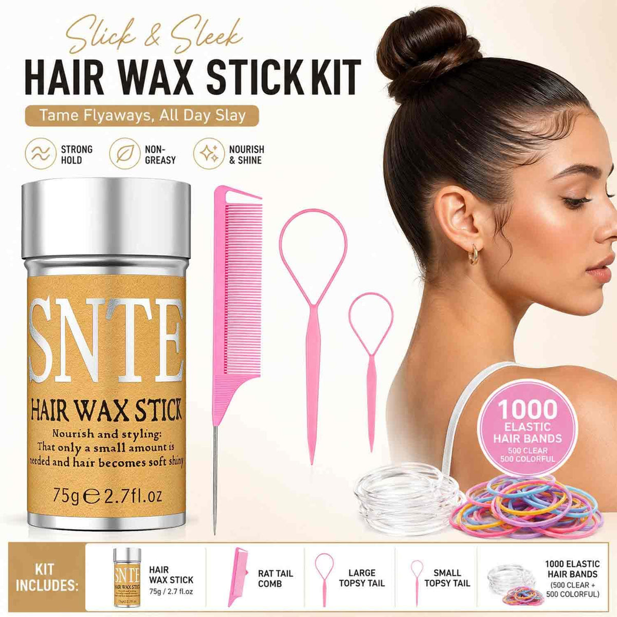 Hair Wax Stick, Hair Ties Set - Frizz Control, Smooth Flyaways, French Braid - 500 Clear Elastics & 500 Colorful Rubber Bands - Styling Accessories for Girls, Kids Daily Hairstyle DIY