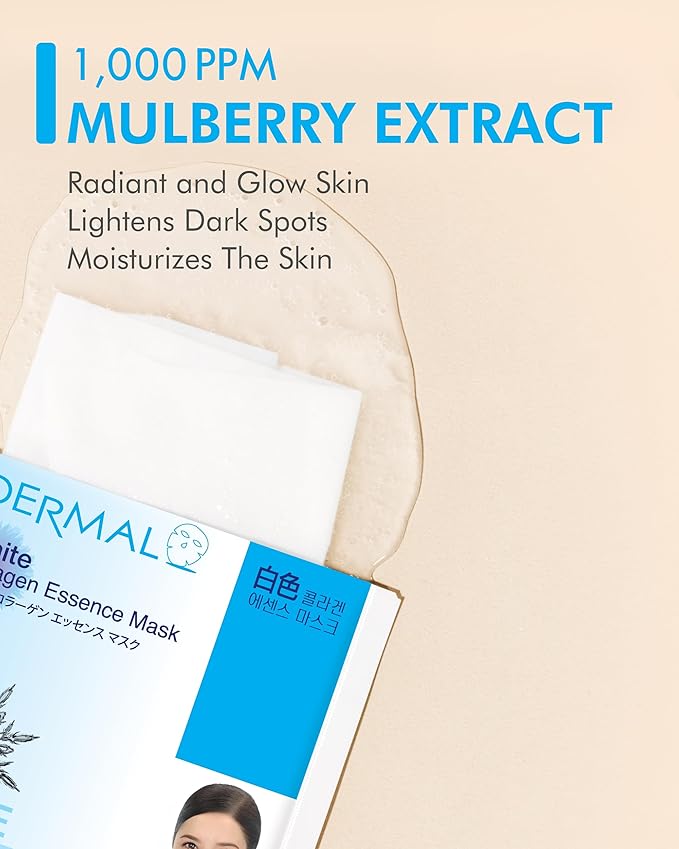 DERMAL Mulberry Collagen Essence Korean Sheet Mask, Hydrating, 10 Pack