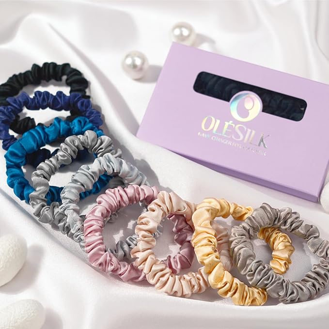 OLESILK Silk Hair Ties for Women: 100% Mulberry Skinny Silk Scrunchies, Soft Smooth No Damage No Crease for Thin Fine Curly Hair 5 Pack, Coffee
