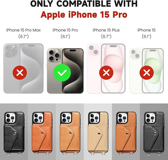 LUCKYCOIN Crossbody Phone Case for iPhone 15 Pro,100% Genuine Leather Phone Wallet Case for Women, Premium Hands-Free Phone Purse with Expandable Flip Card Holder & Adjustable Strap - Retro Tan