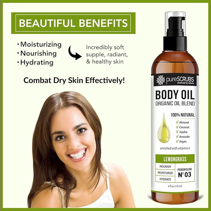 pureSCRUBS Ultra Moisturizing Lemongrass Body Oil for Dry Skin, 4 oz