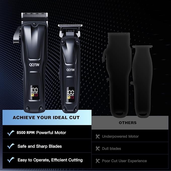QQTIN Hair Clippers for Men Professional, Cordless Clippers and Trimmers Set for Hair Cutting, 8500RPM Rechargable Electric Hair Trimmer for Self-Haircut and Family Use (Black)