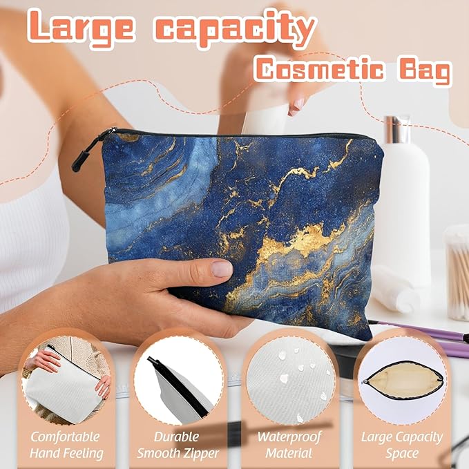 Scribesense Cosmetic Bags Travel Makeup Toilet Case Waterproof Pouch for Women Girls 6.7X9.45inches - Blue And Gold Marble