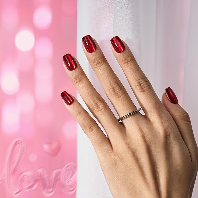 BTArtbox Press On Nails, Hot Love, Short Square, Red Cat Eye, 32Ct