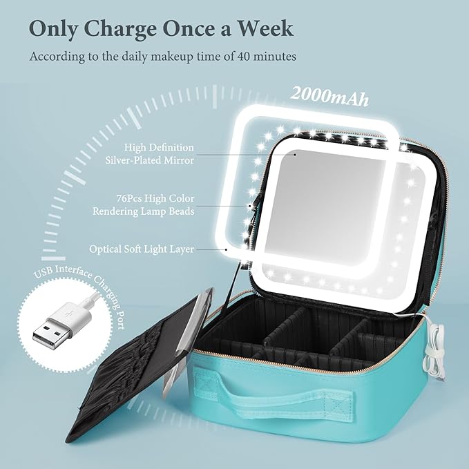 Behaesty Travel Makeup Bag with LED Lighted Mirror, Cosmetic Makeup Organizer Bag with 3 Color Setting, Makeup Train Case with Adjustable Dividers for Women Makeup Brushes Jewelry Accessories