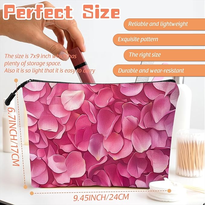 Scribesense Cosmetic Bags Travel Makeup Toilet Case Waterproof Pouch for Women Girls 6.7X9.45inches - Pink Petals in A Layered Composition