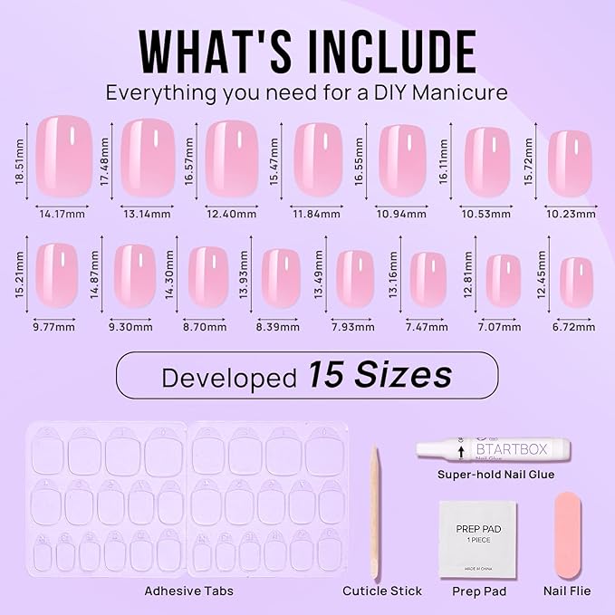 BTArtbox Press On Nails, Lotus Glazed, Short Square, Pink Chrome, 32Ct