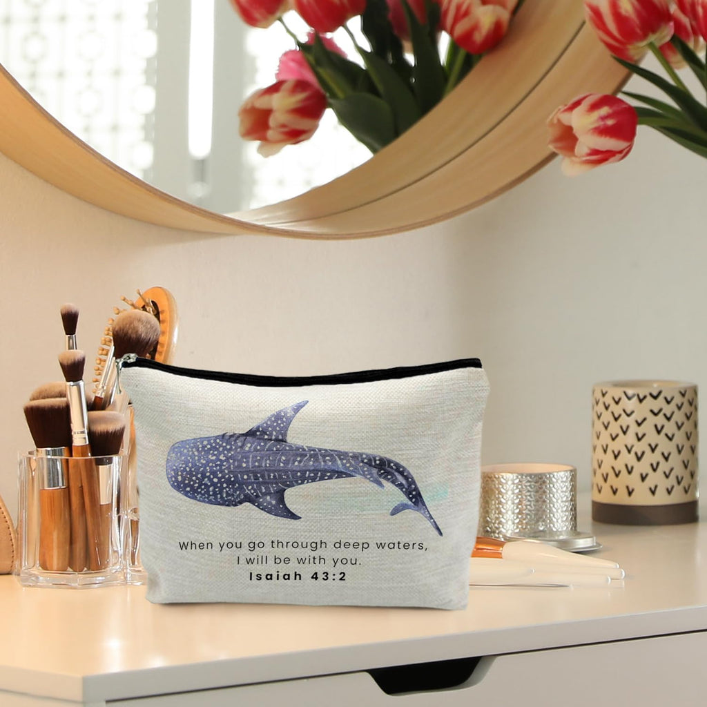 RYYCDOI Whale Shark Christian Makeup Bag Pouch, Christian Shark Gifts for Women, Bible Verse Gifts Isaiah 43:2, When you go through deep waters I will be with you