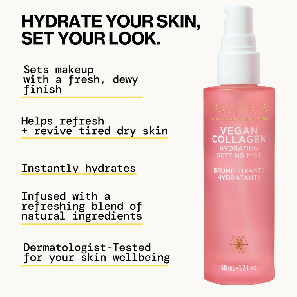Pacifica Beauty Vegan Collagen Hydrating Setting Mist – Hydrating Illuminating Face Primer for Dewy Skin, w/Vegan Collagen & Squalane for Radiant Glow, Soft-Focus Pore Blurring Makeup Base