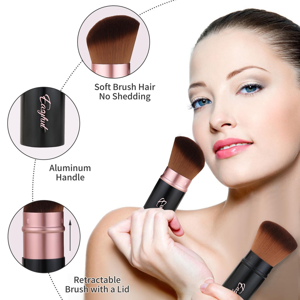 Easyhut Retractable Kabuki Makeup Brushes 2 Pcs Blush Brushes Set Portable Powder Brushes with Flat and Angled Top for Liquid Cream Girls Cosmetics Travel, Large/1.18inch, Rose Gold