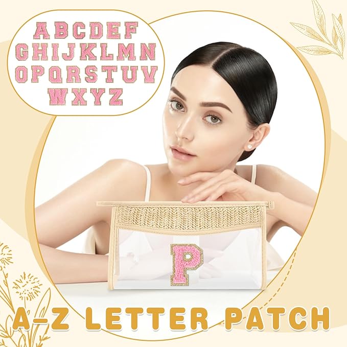 Small Boho Straw Initial Letter Makeup Bag Personalized Gift,Cute Clear Chenille Patch Makeup Bag With Zipper,Trendy TSA Approved Travel Toiletry Bag,Gift for Women Girls Birthday Friend, Letter P