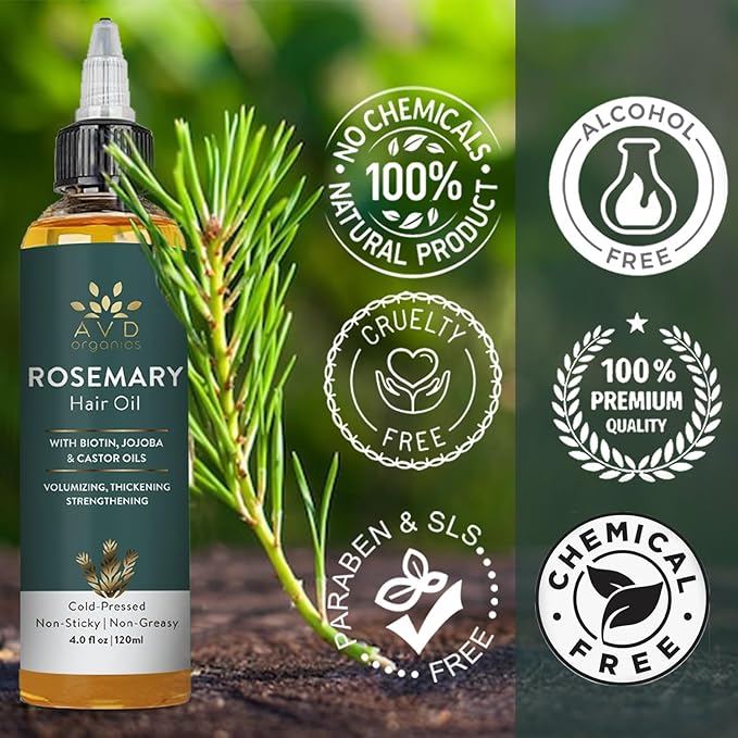 AVD ORGANICS Rosemary Oil for Hair Growth & scalp | Infused with Biotin | Hair Strengthening, Nourishing and Volumizing | infused with Jojoba & Castor Oil | NON - GMO 120ml
