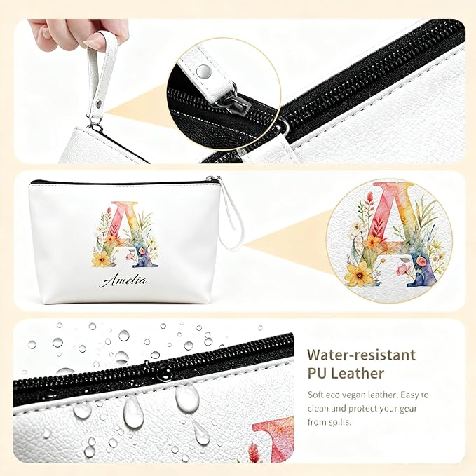 Bliver Personalized Makeup Bag Initial&Birth Flower Custom Small Travel Cosmetic Bag with Name Cute Makeup Bag for Women Girls