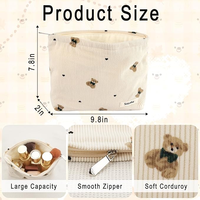 Tmtains Corduroy Makeup Bag Cute Small Soft Zipper Makeup Bags for Purse Organizer Cosmetic Travel Toiletry Pouch with Bear Pattern Coquette Aesthetic Period Pouch Valentine Gifts for Women (Beige)