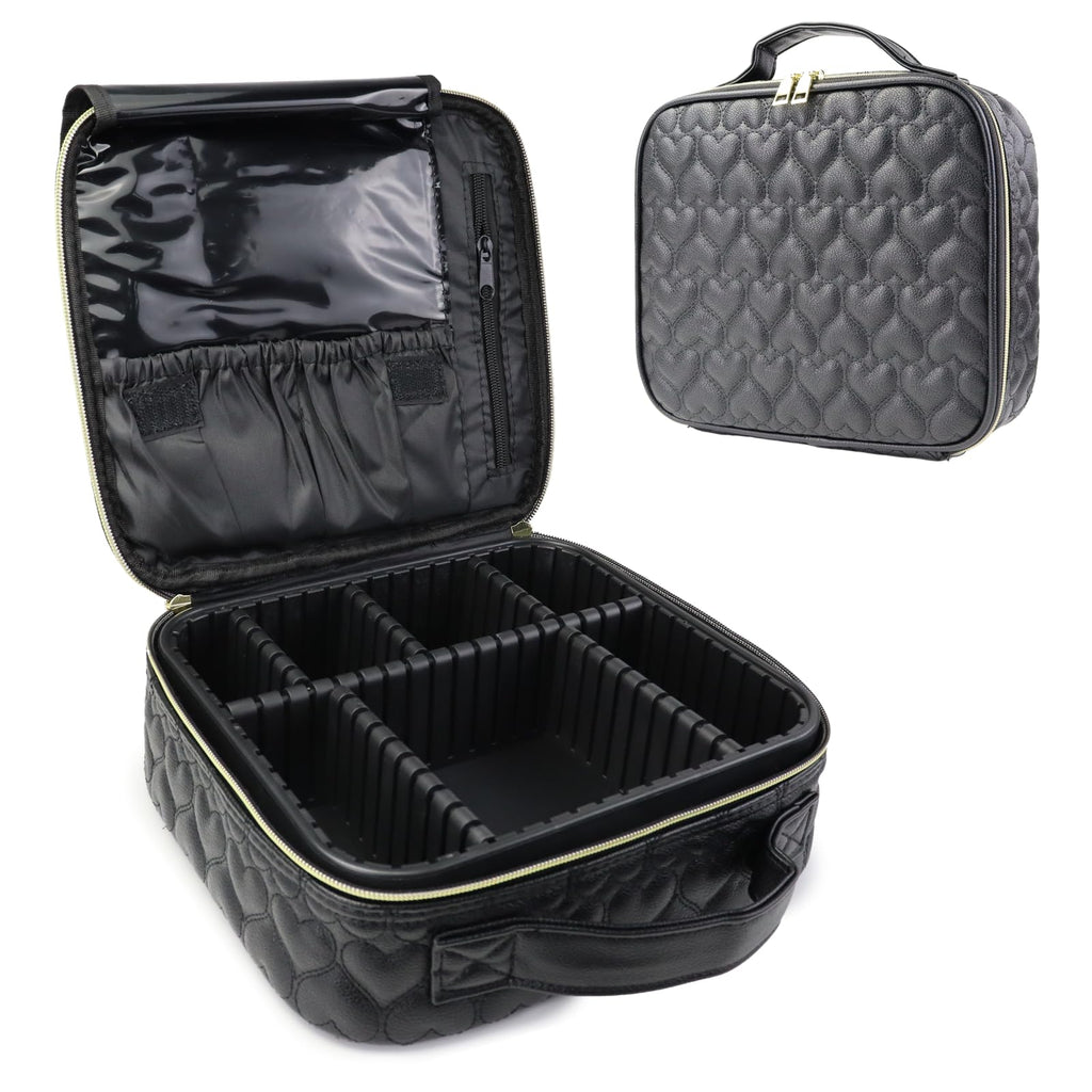 SLUMAZI Travel Makeup Bag Makeup Cosmetic Train Case Organizer Portable Storage Bag with Adjustable Dividers for Cosmetics Makeup Brushes Toiletry Jewelry Heart Pattern
