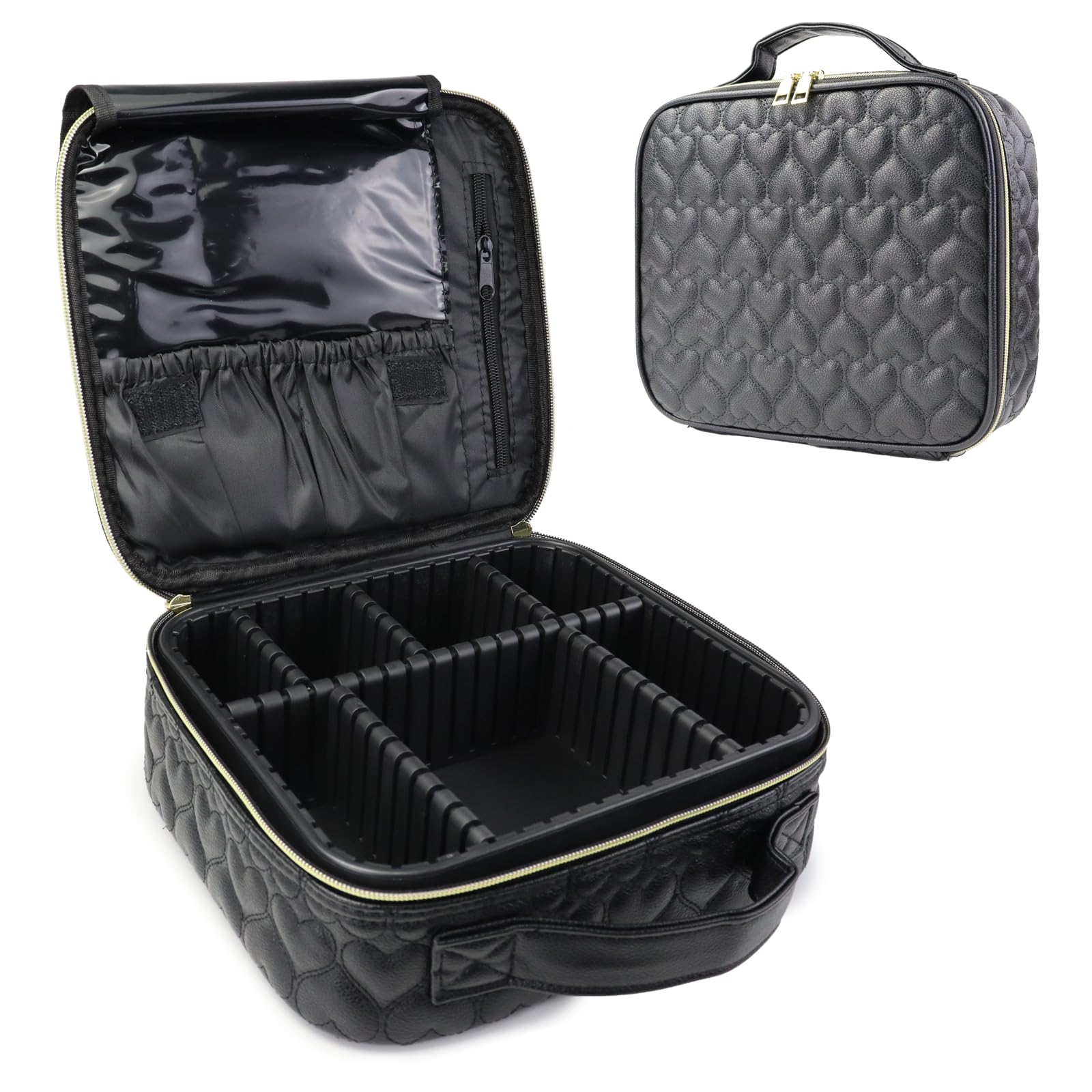 SLUMAZI Travel Makeup Bag Makeup Cosmetic Train Case Organizer Portable Storage Bag with Adjustable Dividers for Cosmetics Makeup Brushes Toiletry Jewelry Heart Pattern