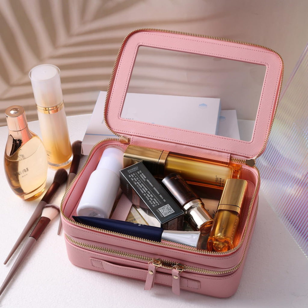 SANHECUN Clear Travel Toiletry bag Toiletry Case Carry on Travel Accessories Bag Makeup Bag Dimensions | LxWxH:9” x 6” x 4.2” (Pink, SHC-TL-2)