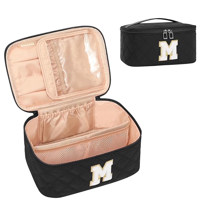 OCHEAL Makeup Bag for Women, Monogram Cosmetic Bag Black Travel Makeup Case Beauty Toiletry Bag Organizer Personalized Gifts for Girls Bridesmaid, Sister, Wife, Friends Initial M