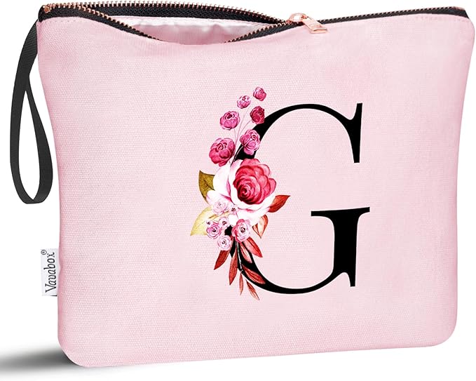 Vavabox A-Z Personalized Makeup Bag, Birthday Gifts for Women Mom, Gifts for Best Friend, Bride Bridesmaid Cosmetic bag (G, 06-Pink)