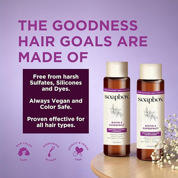 Soapbox Biotin & Super Fruit Shampoo & Conditioner Set, Leaves Hair Volumized & Strengthened - Clean Ingredients Free of Harsh Chemicals, Sulfates, Parabens & Silicones - 1 Liter Each