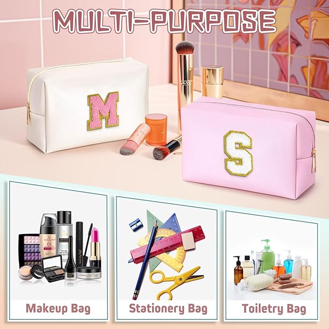 TOPEAST Initial Cosmetic Bag, PU Leather Waterproof Travel Toiletry Bag, Monogrammed Gifts for Women, Personalized Birthday Gift for Sister Friends, Cute Stuff for Girls (Pink K)