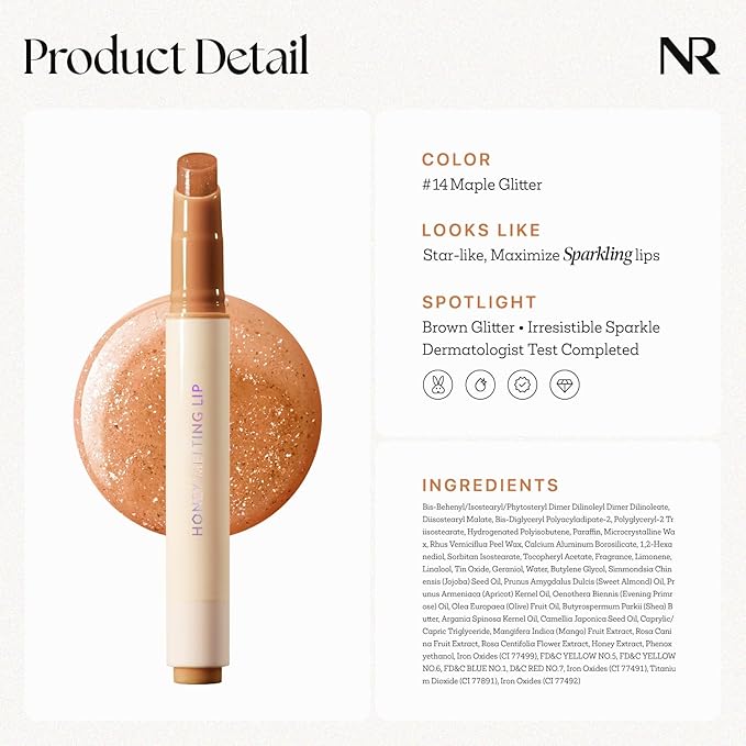 Nature Republic HONEY MELTING LIP GLITTER (14 MAPLE) | SOFT LIP STICK Hydrating Gloss, Moisturizing balms, Shine Glimmer Finish, Shimmery-Sheer tint, korean make up