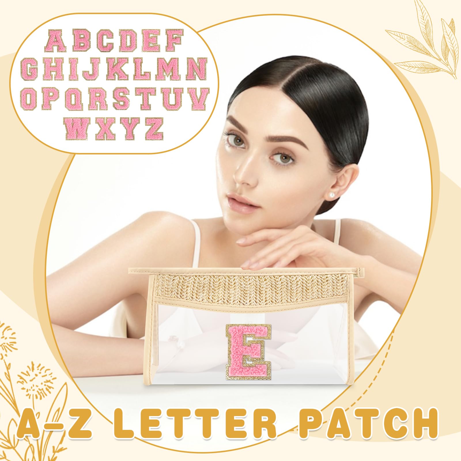 Small Boho Straw Initial Letter Makeup Bag Personalized Gift,Cute Clear Chenille Patch Makeup Bag With Zipper,Trendy TSA Approved Travel Toiletry Bag,Gift for Women Girls Birthday Friend, Letter E