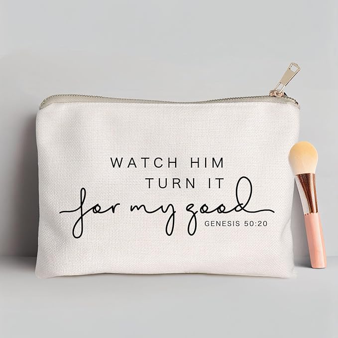 HubbgDesign Watch Him Turn It For My Good Makeup Bag Christian Quote Faith Bible Scripture Sayings Makeup Case Linen Cotton Travel Bag Makeup Pouch Sister Gift
