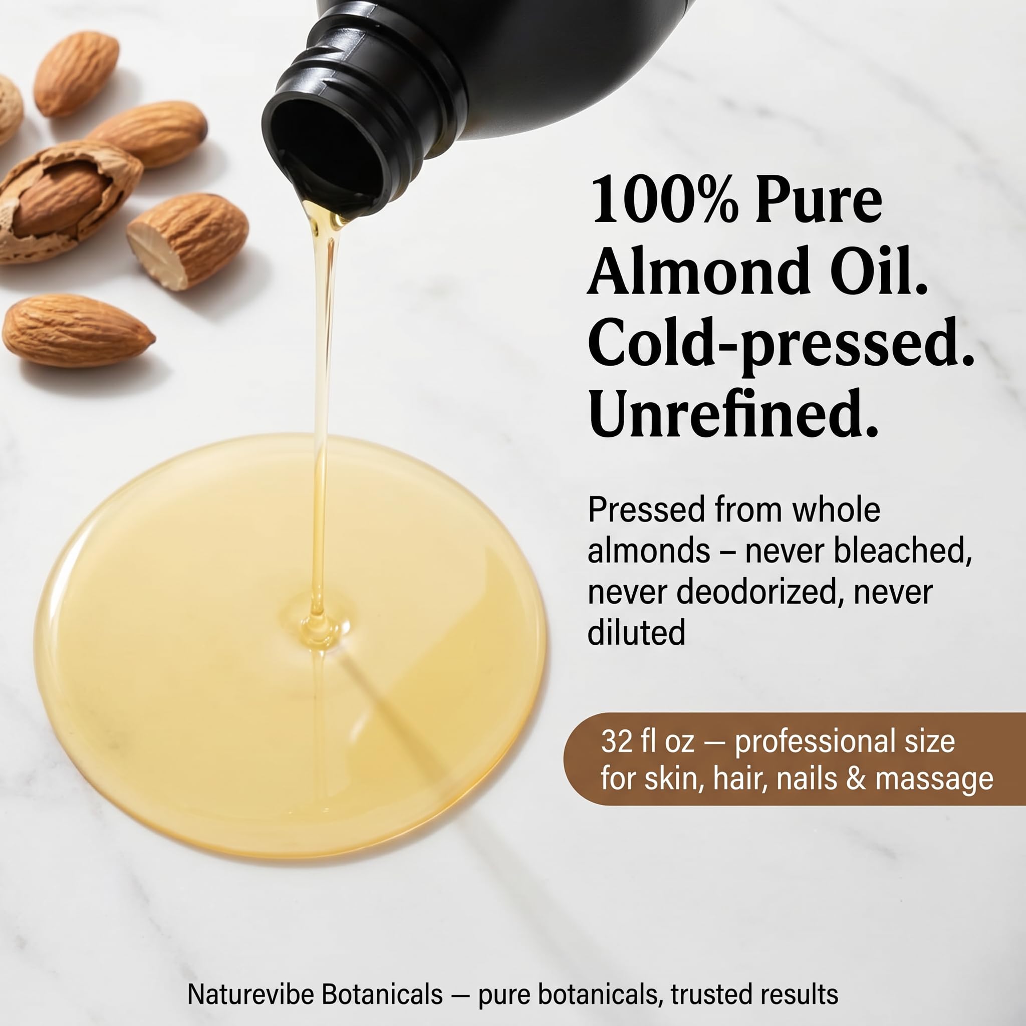 Naturevibe Botanicals Sweet Almond Oil 32 Ounces | 100% Pure and Natural Unrefined Cold Pressed Carrier Oil | Great for Skin Care and Hair Care